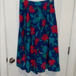 Navy Floral A-Line Midi Skirt with Red & Teal Blooms